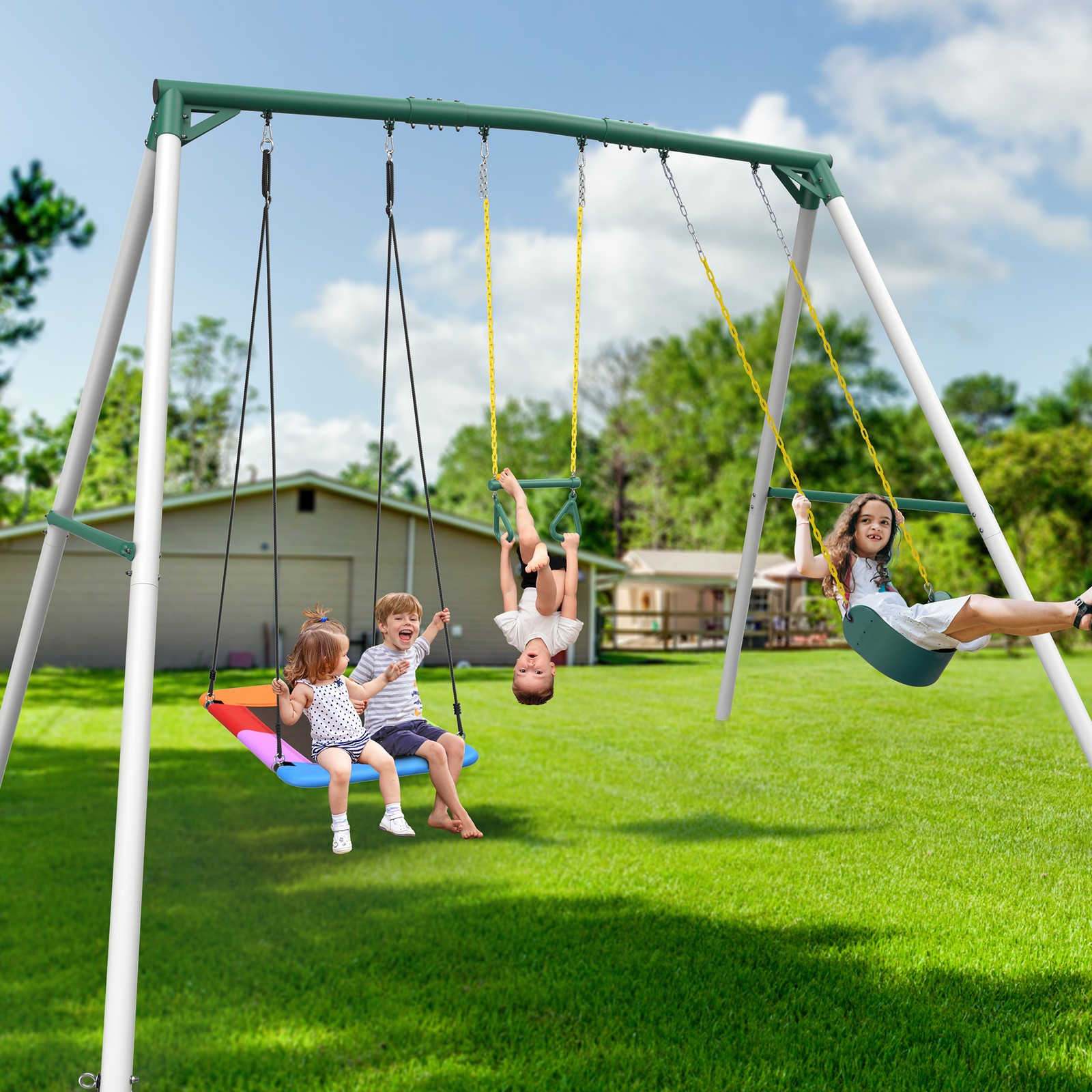 Hapfan Heavy Duty 9.5ft Tall Metal Swing Set for Kids Backyard with Trapeze Bar