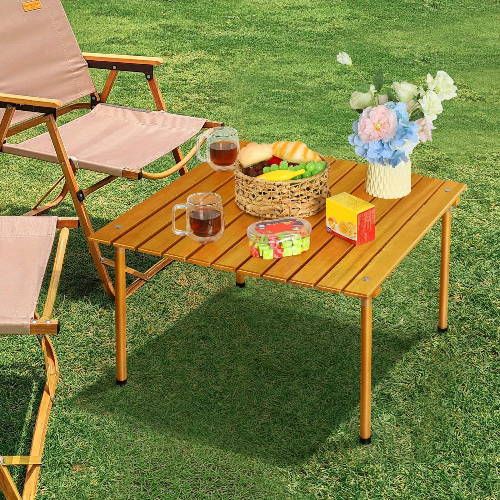 Portable Wooden Roll-Up Camping Picnic Table, Folding Design, Contemporary Style
