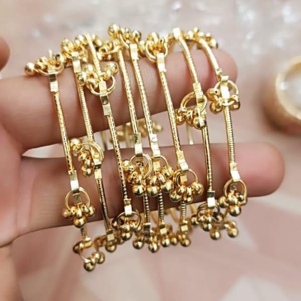 Gold Ghungroo Bell Charm Bracelet, Indian Ethnic Jewelry set of 8 bangles