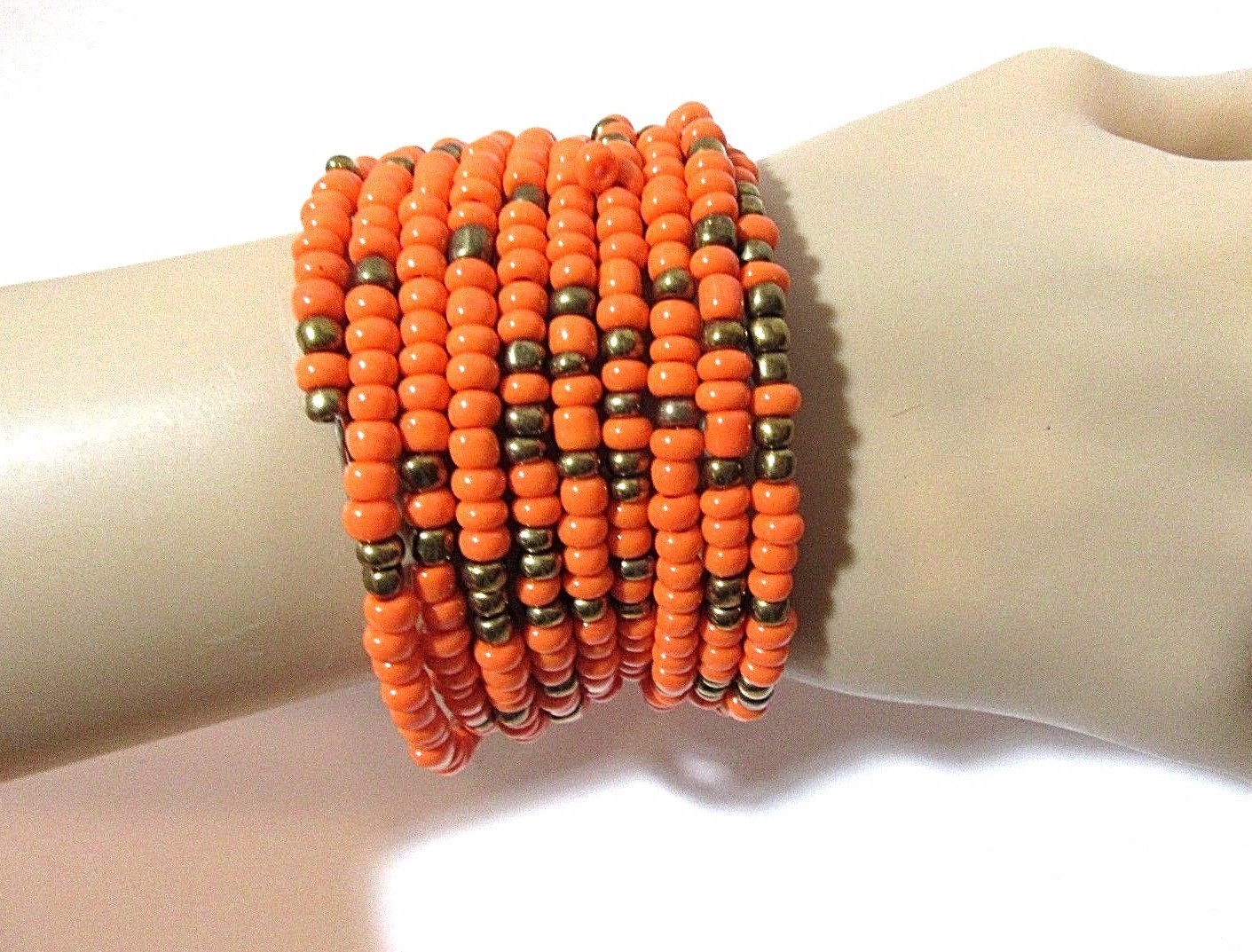 ORANGE MULTIROW WRAP BRACELET BRONZE GLASS BEAD ACCENT TRIBAL ISLAND STYLE WIDE