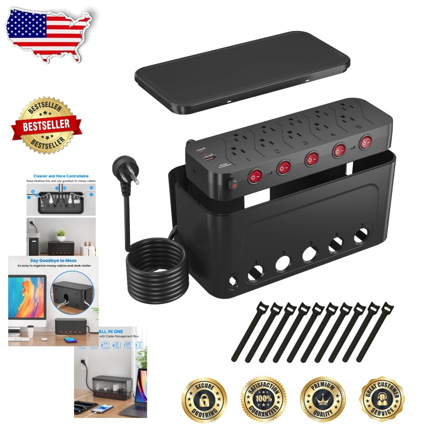Black Power Strip Box: 10 AC + 3 USB Surge Protector, Cable Management, PD 20...