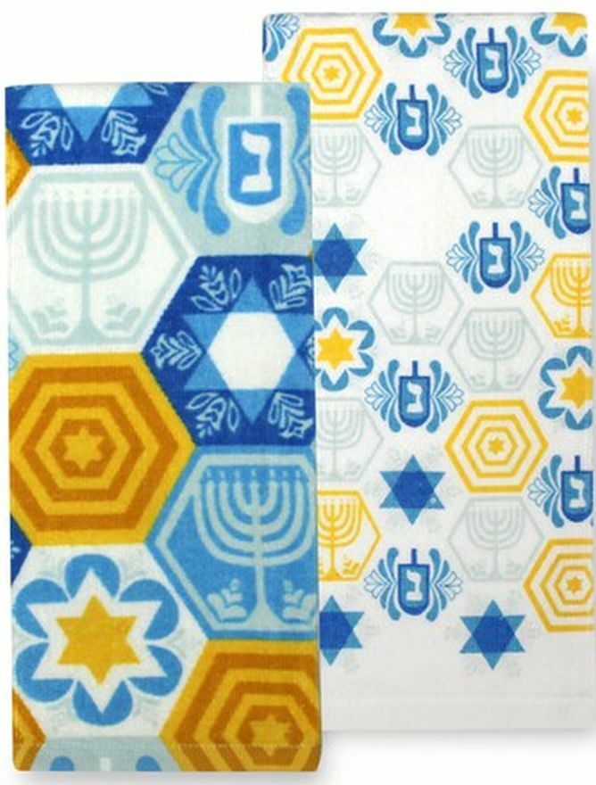 2 DIFFERENT COTTON TERRY TOWELS (16.5"x26") HANUKKAH THEME, DREIDELS & STARS,KO
