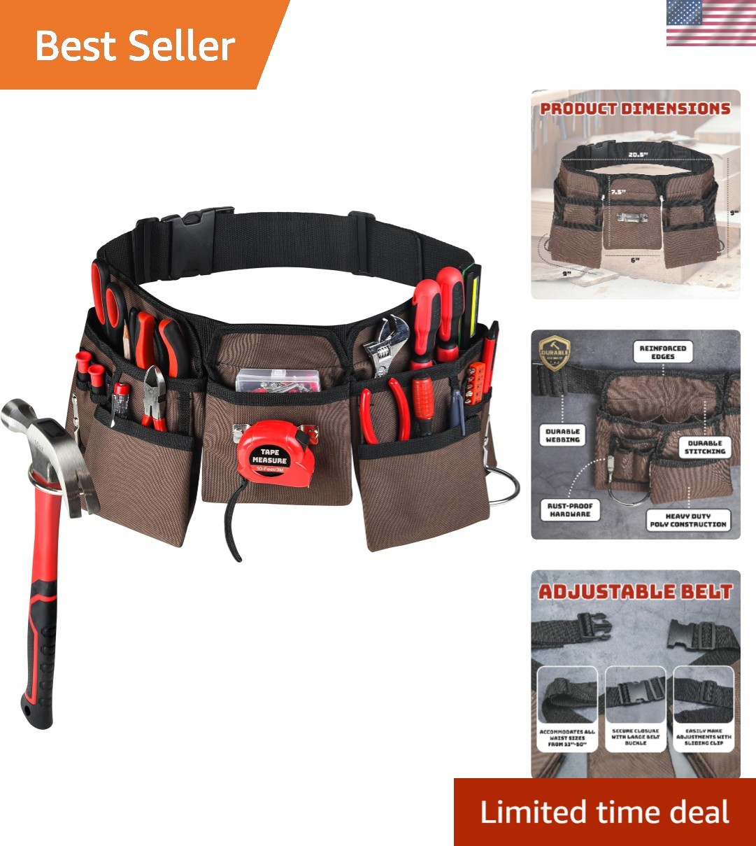 11 Pocket Brown and Black Heavy Duty Construction Tool Belt, Work Apron, Tool...