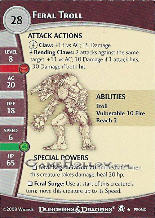 D&D Miniatures Desert of Desolation FERAL TROLL #49 2.0 Stat Card Promo