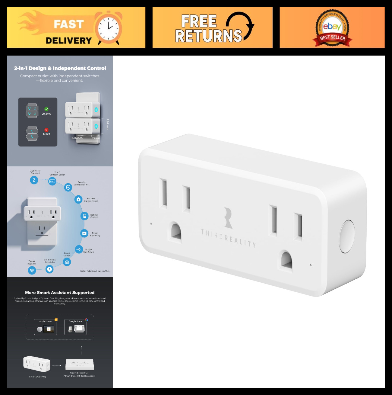 Smart Dual Plug Zigbee 2-in-1 Outlet, Independent Control, Power Monitoring, Rep