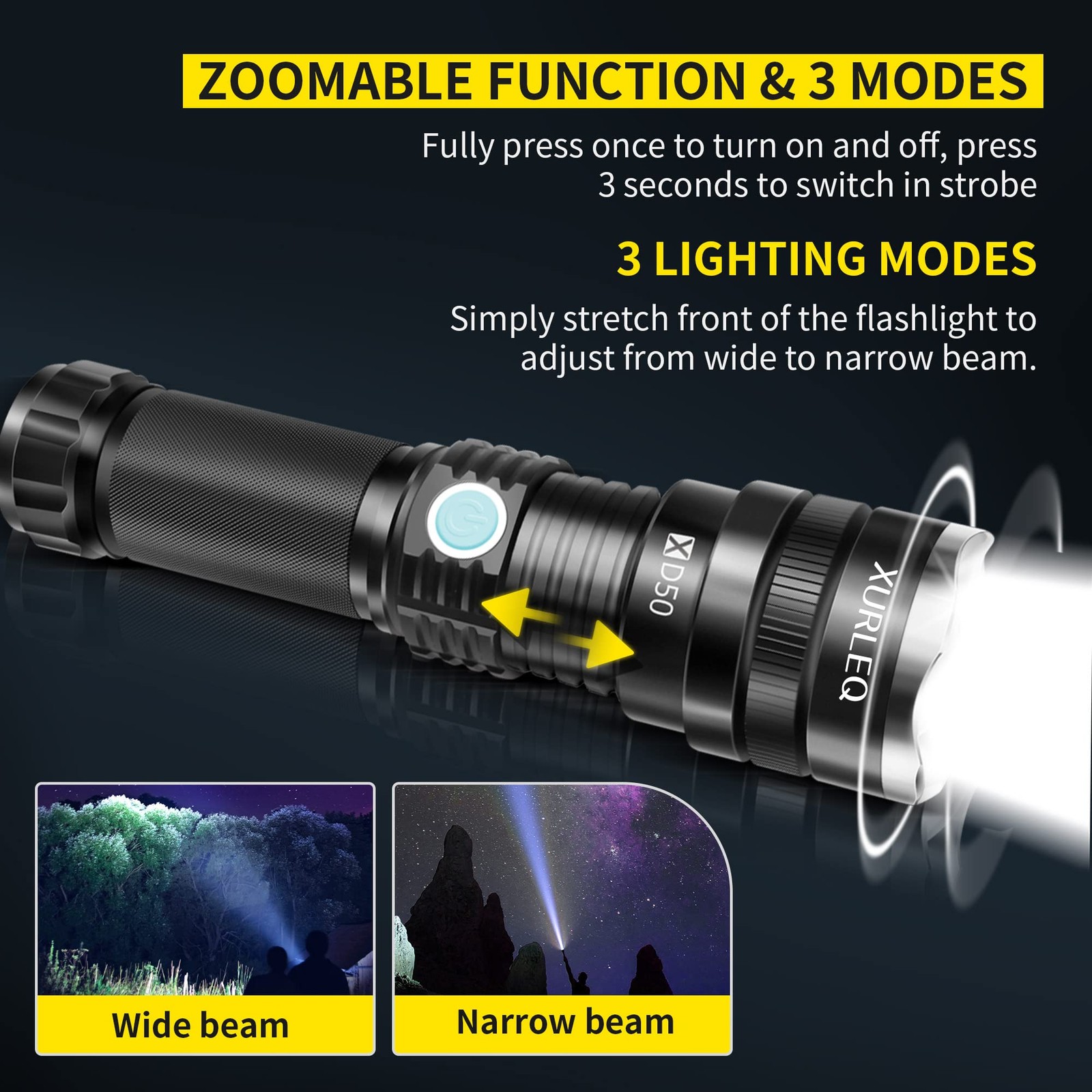 Flashlight Rechargeable Flashlights Flashlight 3 Modes Adjustable Waterproof ...