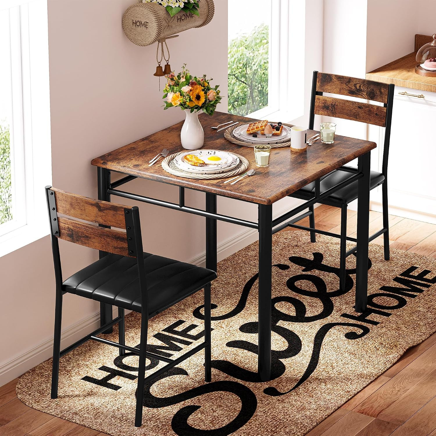 Dining Table Set for 2, Small Kitchen Table with Upholstered Chairs Dinning Tabl