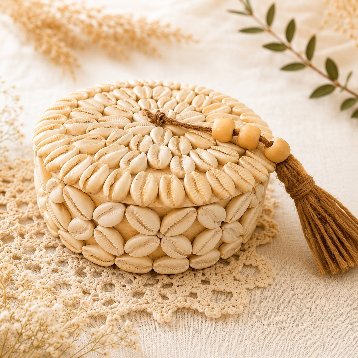 Round Shell Pattern Trinket Box with Lid & Tassel, Coastal Seashell Decor