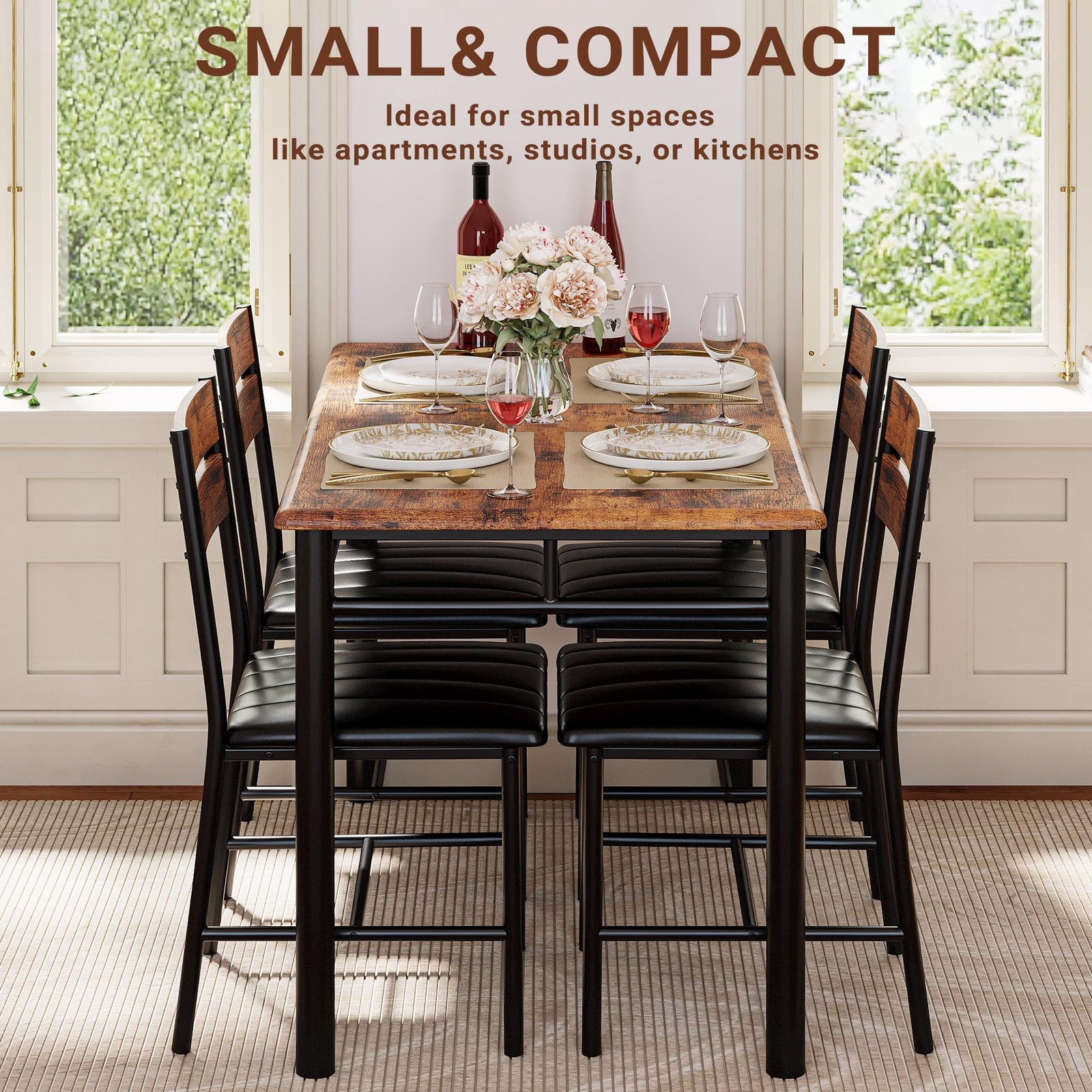 IRONCK Dining Table Set for 4, Wood Kitchen Table with Upholstered Chairs for Ki