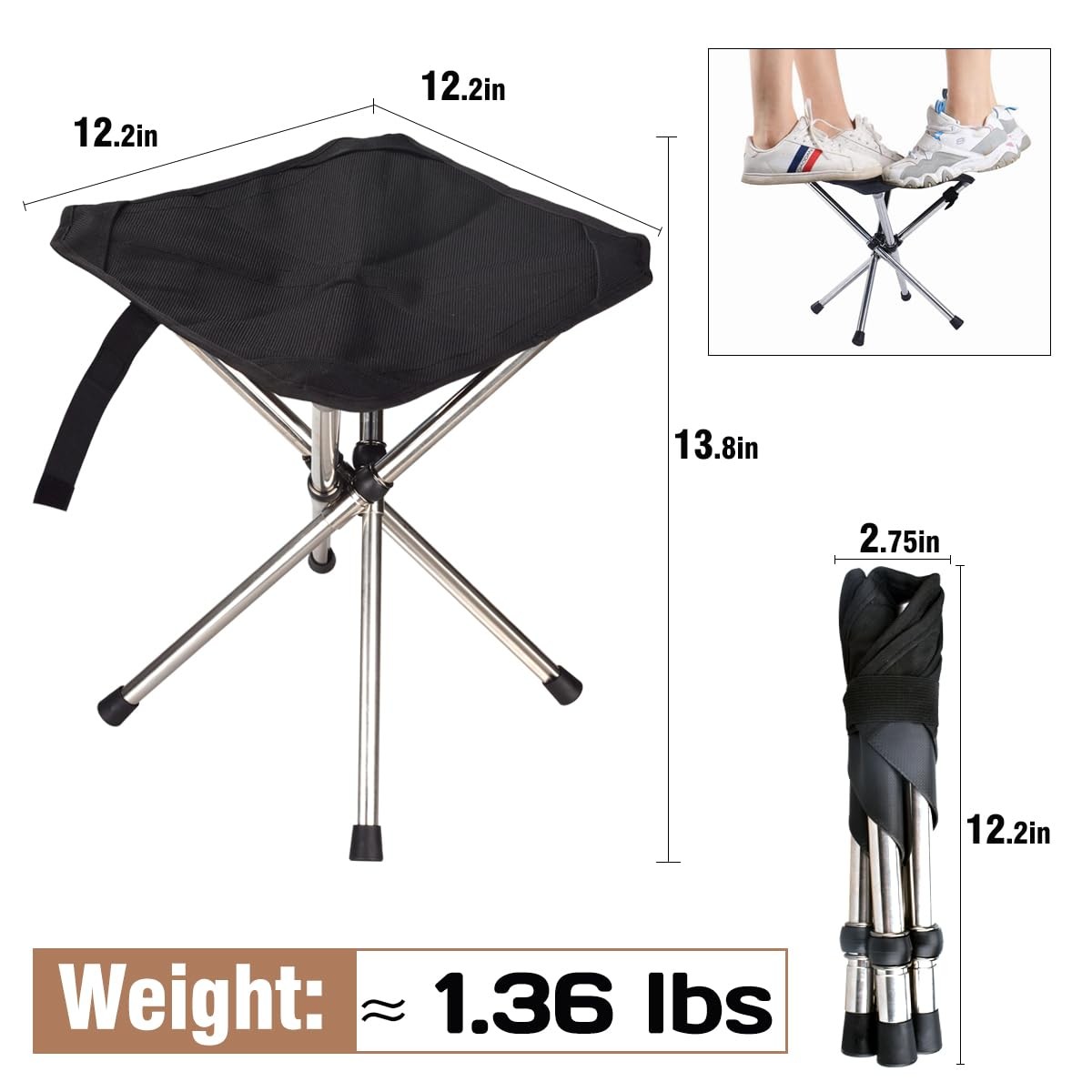 Lightweight Foldable Camping Stool, Adjustable Height, Quick Setup, 275lbs Limit