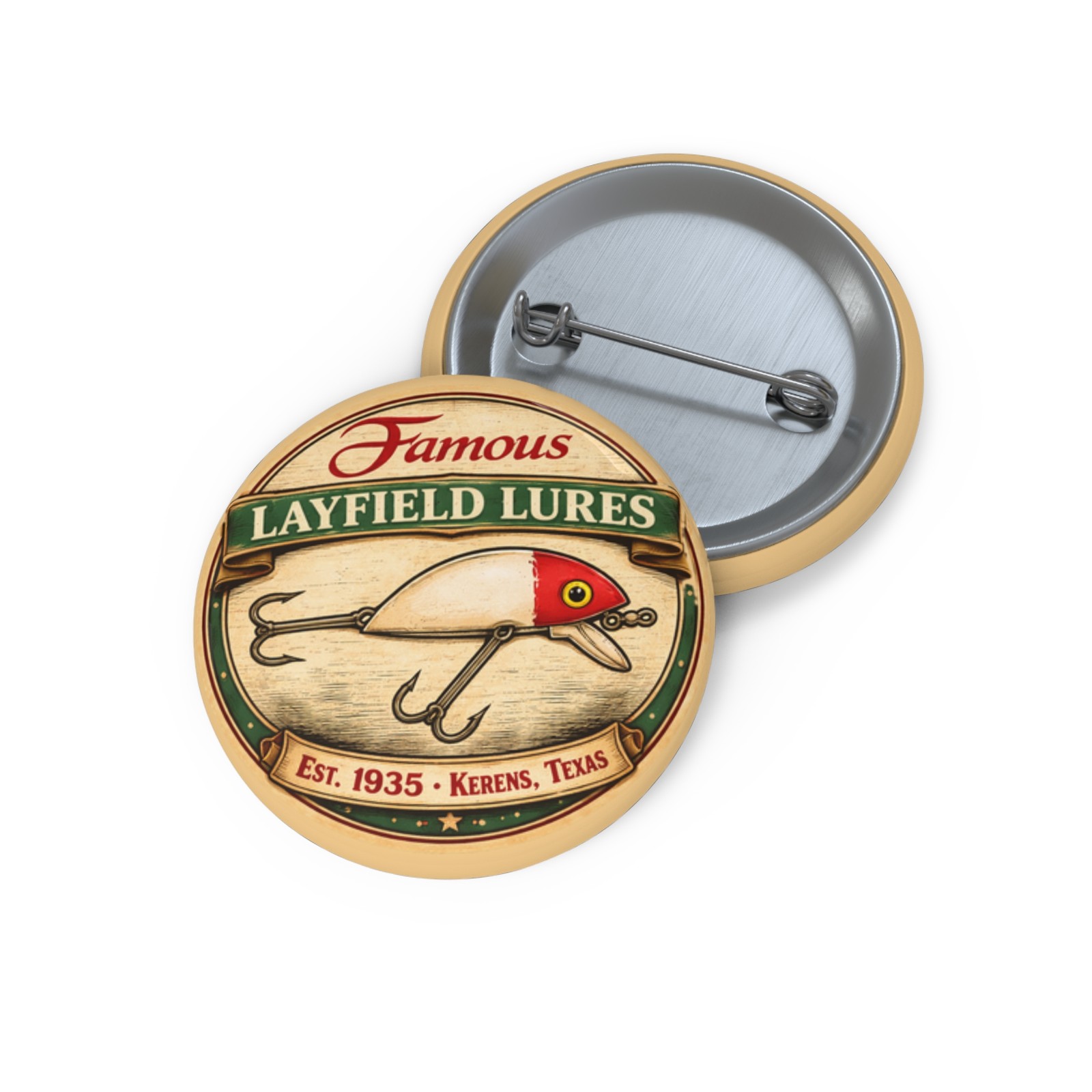 Layfield Lures Fishing Lure Est 1935 Kerens TX Pin Vintage Style Pinback Button