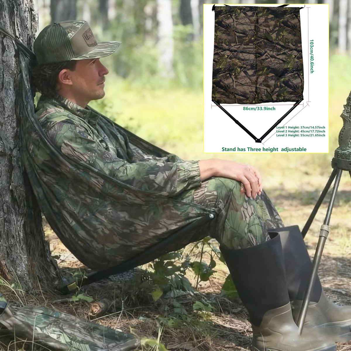 Outdoors Low Down Hunting Seat Portable Hunting Hammock Folding Tree Chair Camo