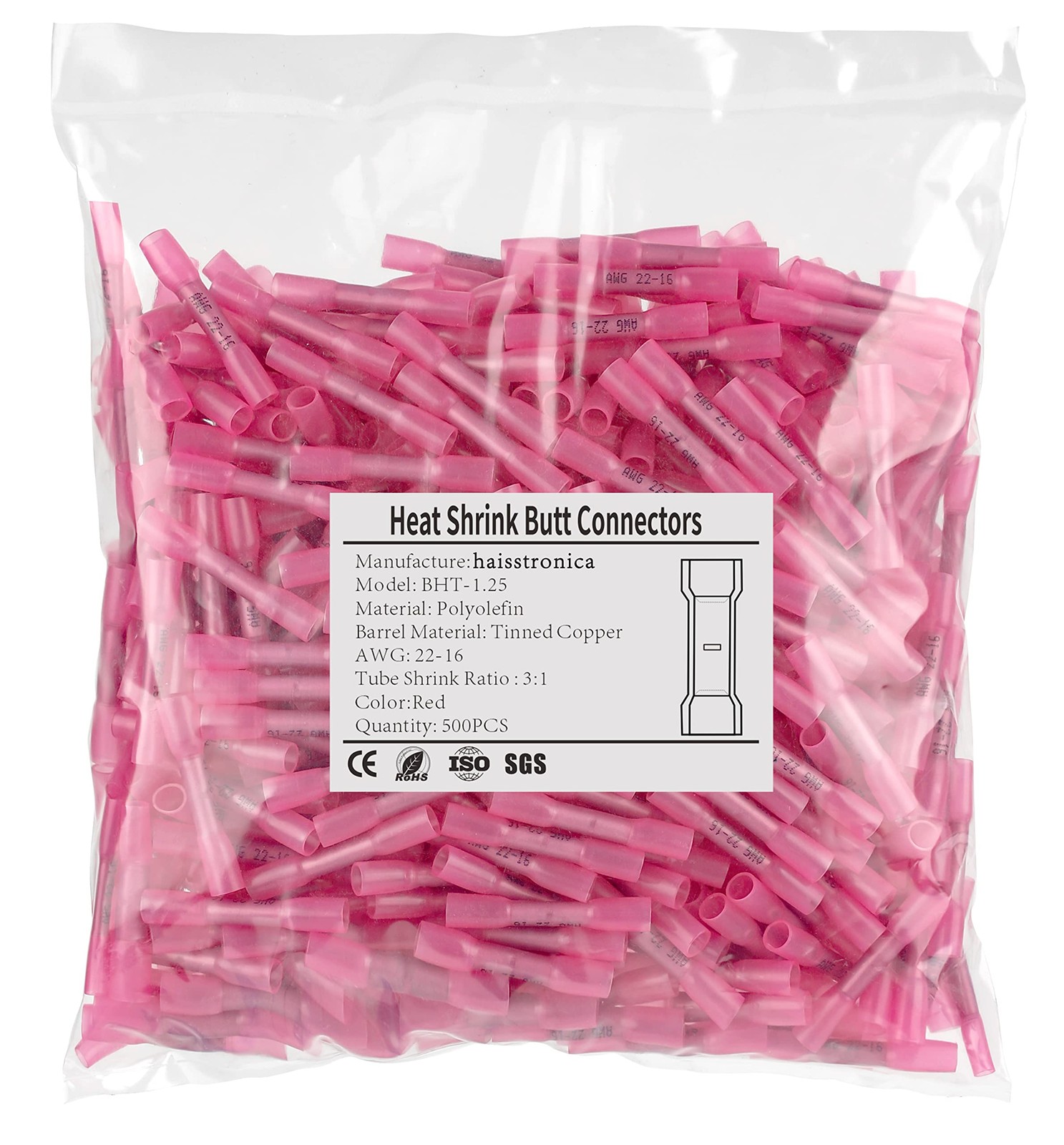 500PCS Red Heat Shrink Butt Connectors AWG22-16,Marine Grade Heat Shrink Wire...