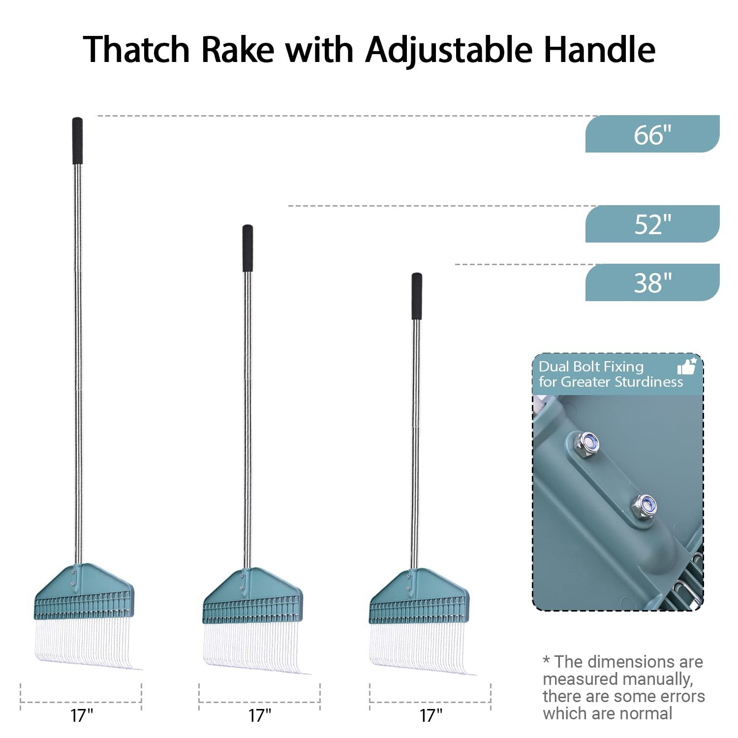 Adjustable Thatch Rake 66" Handle, 17" Durable Dethatcher for Lawn Care