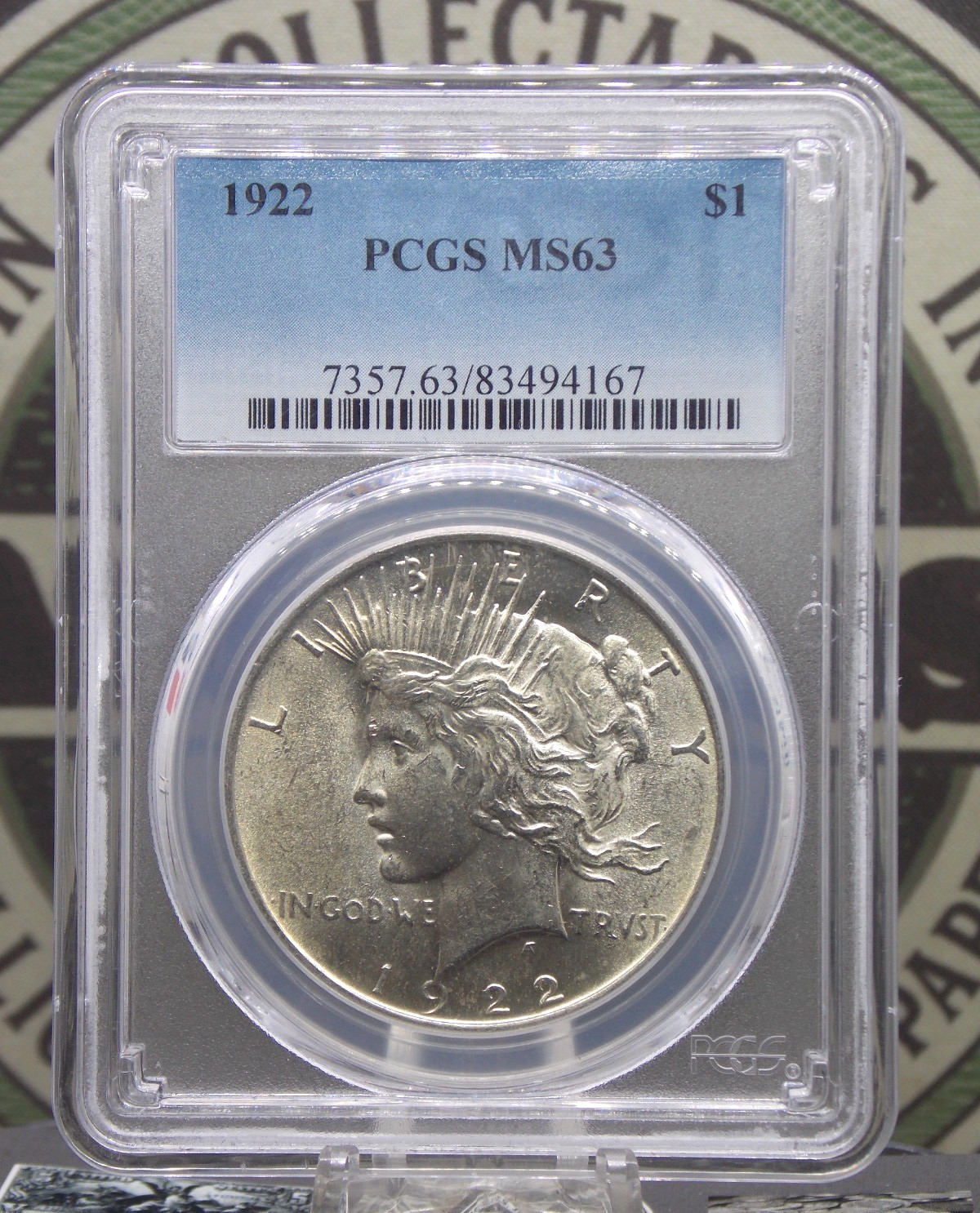 1922 "P" Peace SILVER Dollar $1 PCGS MS63 #167 Uncirculated BU Unc ECC&C, Inc.