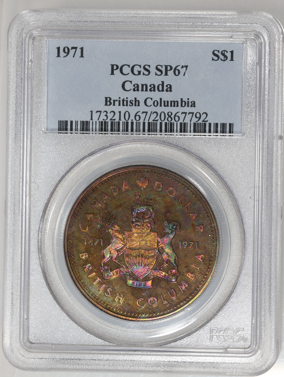 1971 Silver Canada (British Columbia) Dollar PCGS SP67 - Toned