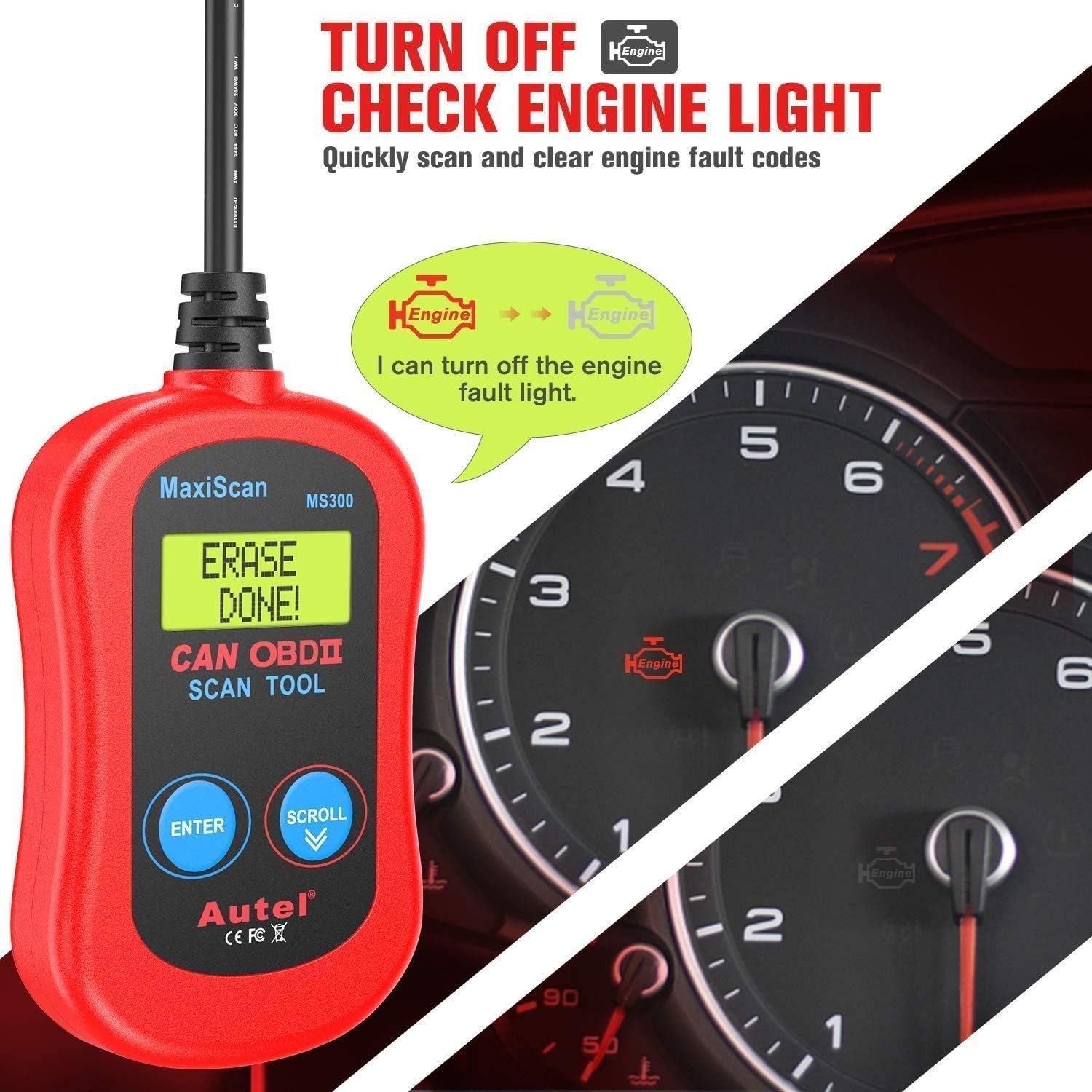 MS300 Scanner Code Reader, Turn Off Check Engine Light, Read & Erase Fault Co...