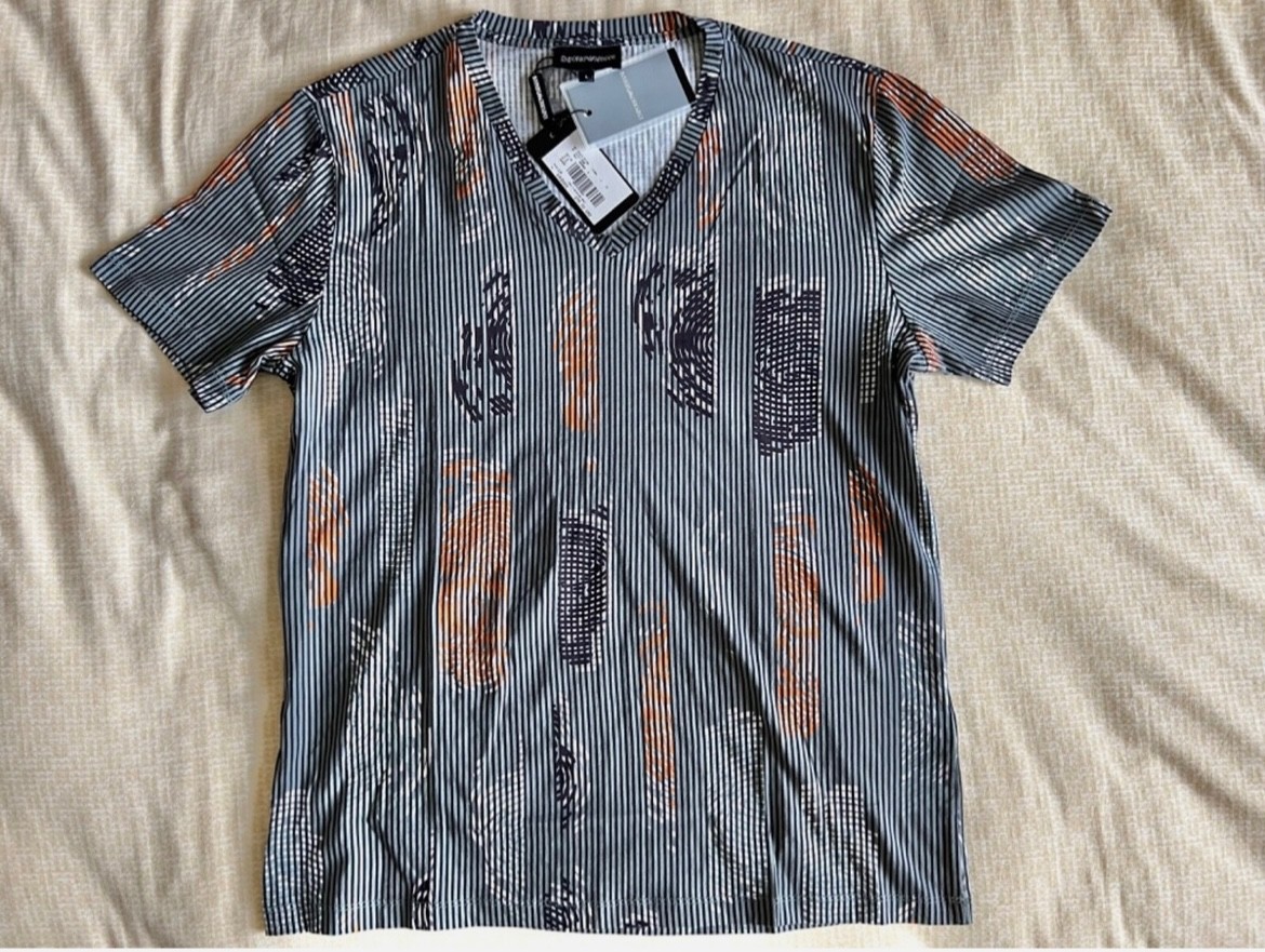MSRP$275 NWT EMPORIO ARMANI Mens Cotton V-Neck Multicolor Striped T-Shirt Size L