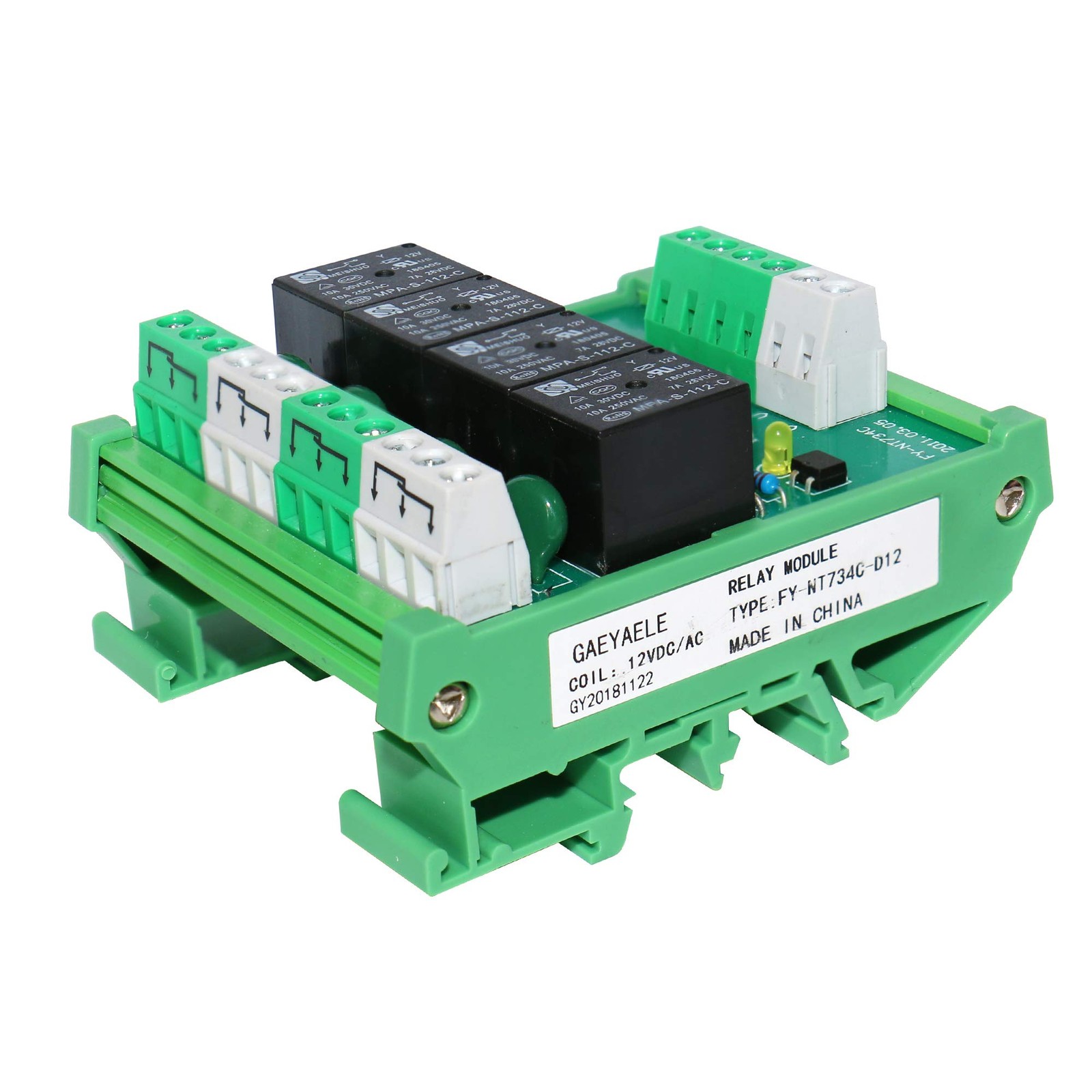 4-Channel 1-SPDT DIN Rail Mount Interface Relay Module 12V DC/AC Board