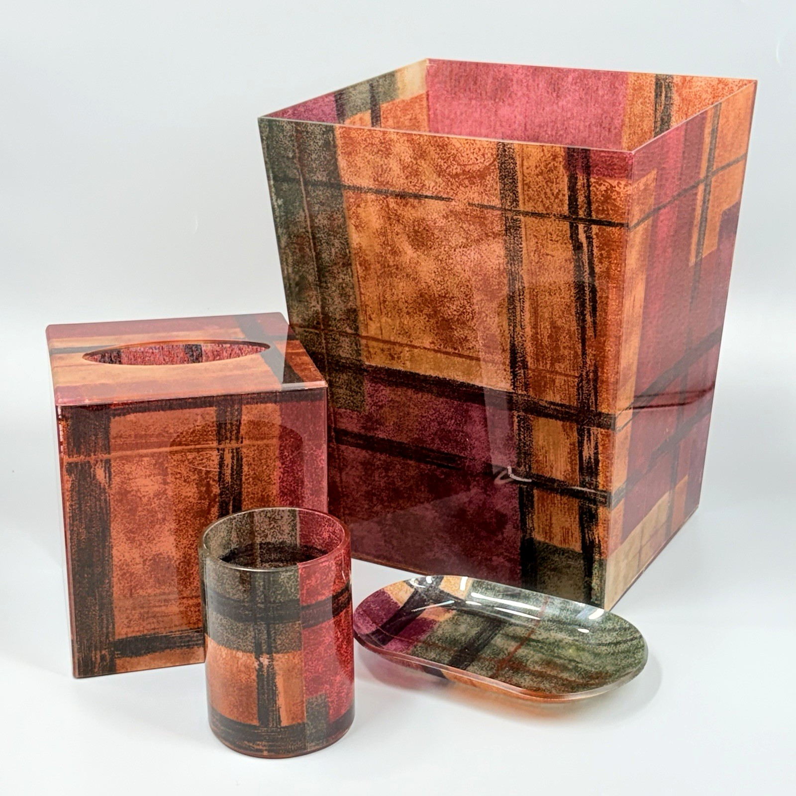 Contemporary Plaid Bath Accessory Set Waste Basket Tissue Box Cup Soap Dish
