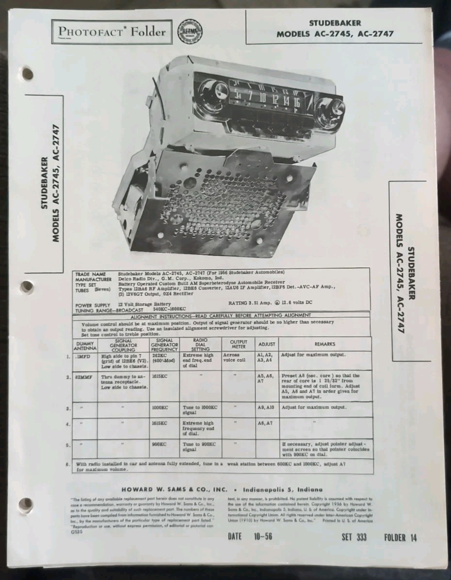 Original 1956 SAMS PHOTOFACT 333-14 Studebaker Model AC-2745, AC-2747