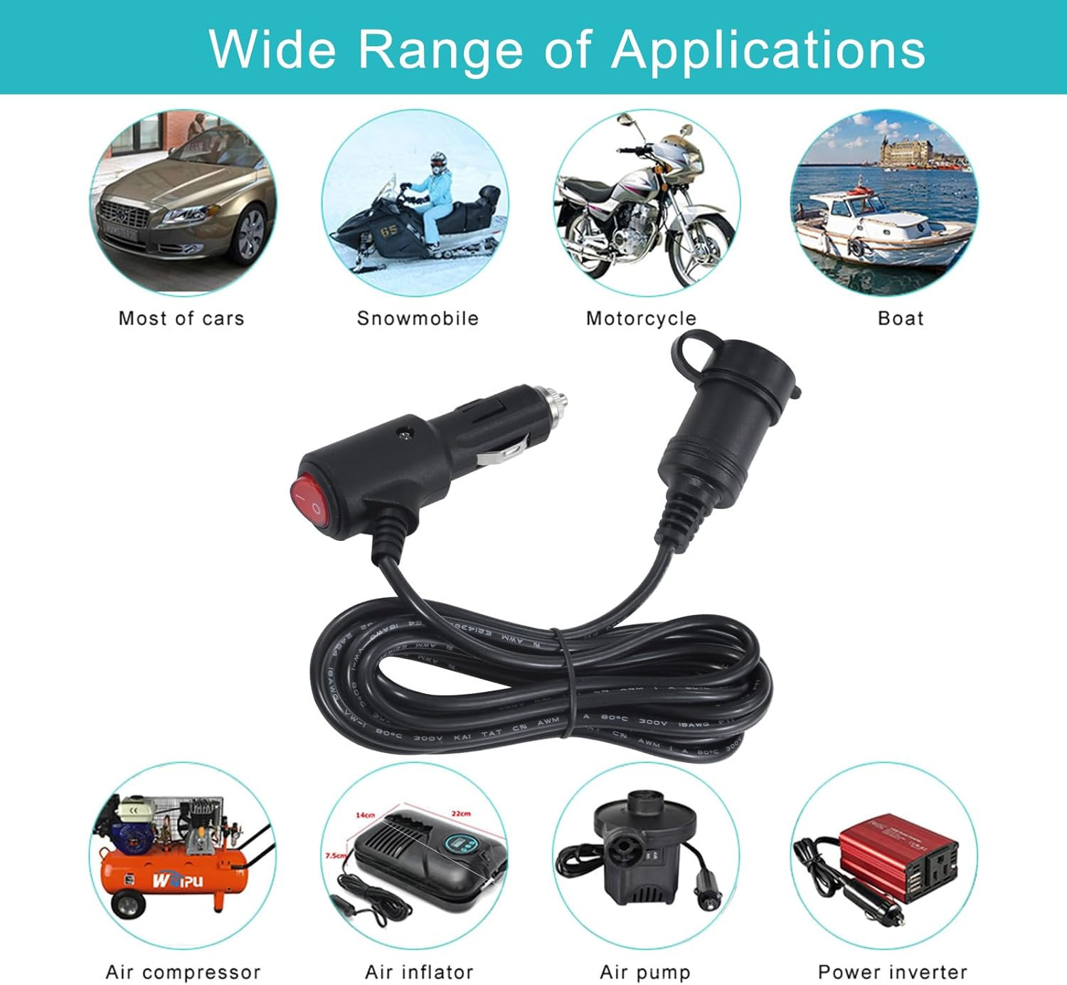 10FT 12Volt DC Cigarette Lighter Extension Cord with on off Switch - Black Car P