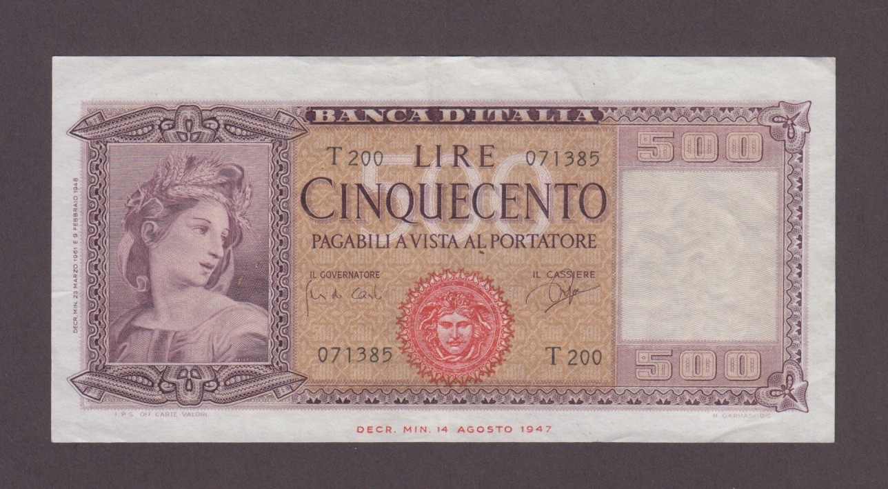 ITALY P.80b-1385  500 LIRE 1961  VF+  WE COMBINE    2603