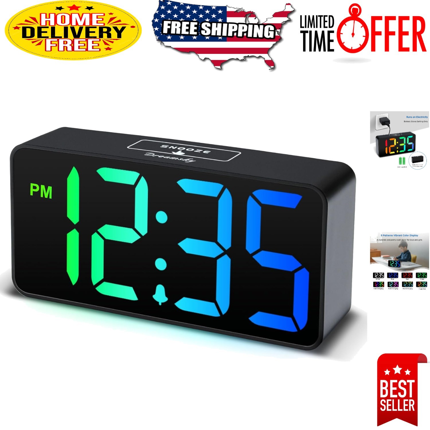 Stylish RGB Alarm Clock with Large Numbers - Perfect for Kids & Heavy Sleepers