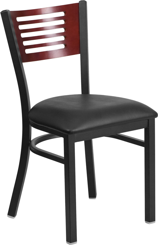 10 PACK Slat Back Metal Restaurant Chair with Mahogany Wood & Black Vinyl Seat