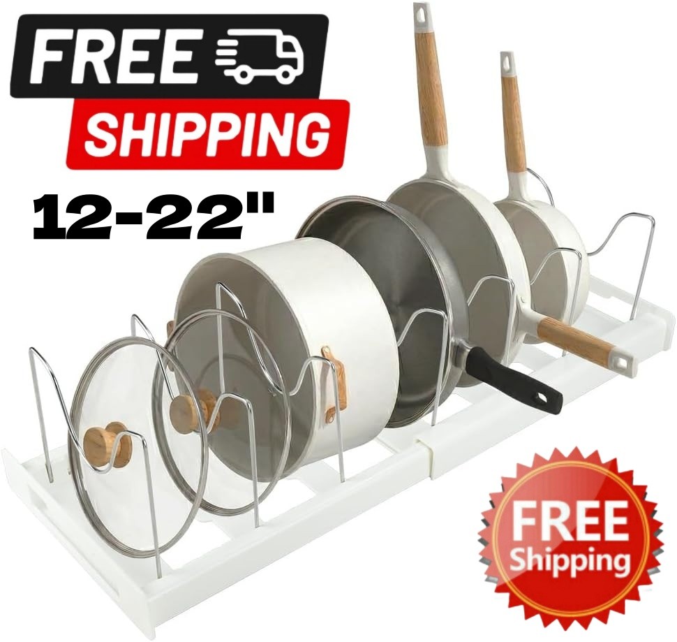 Adjustable Pot & Pan Organizer – Expandable 12"-22" Lid Rack for Cabinets