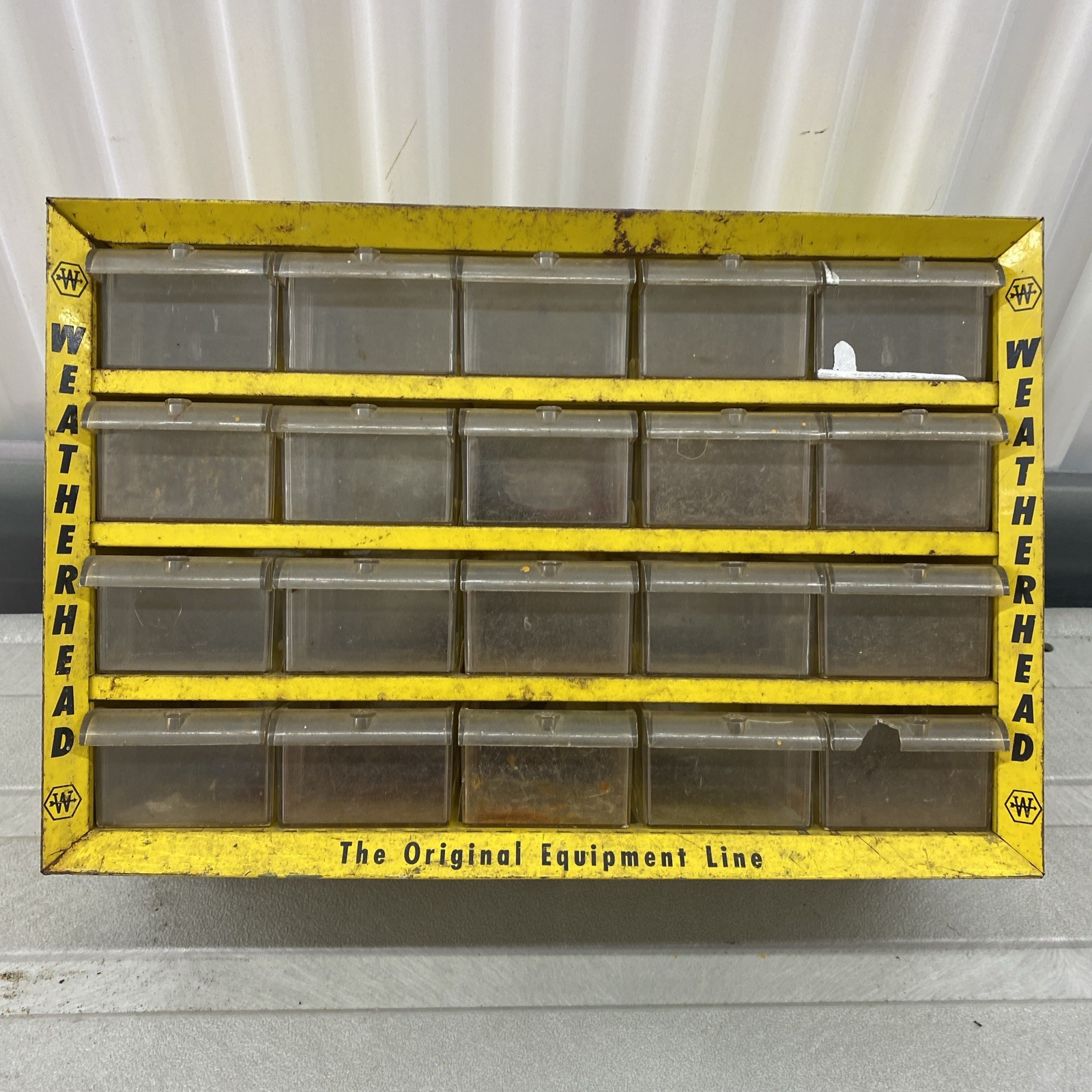 Vintage Weatherhead 20 Drawer Metal Parts Accessories Cabinet Yellow 16”x11”