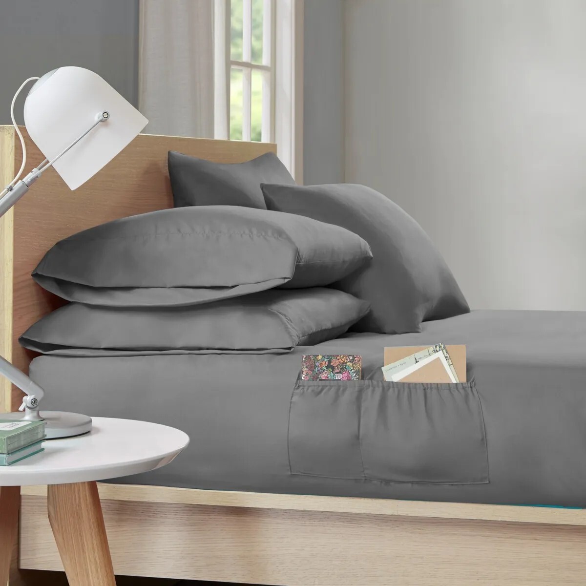 Intelligent Design Microfiber Sheet Set with Side Storage Pockets Charcoal Grey