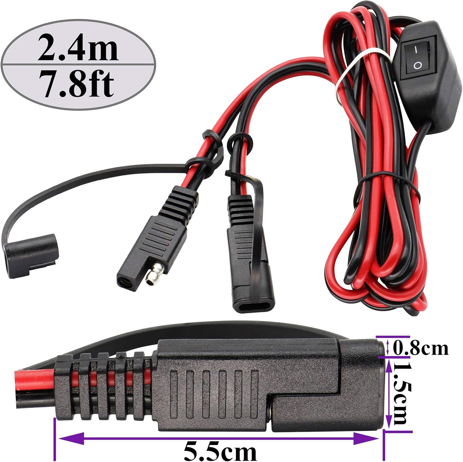 SAE Extension Cable 16 AWG Wire Harness 12V-24V DC SAE to SAE Cable with Switch