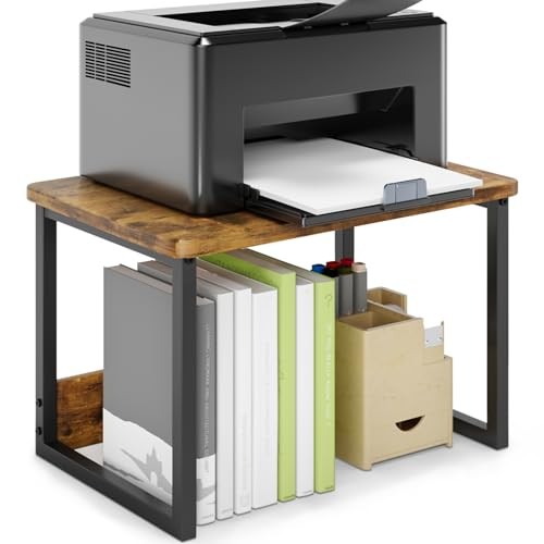Printer Stand with Storage for Desk, Desktop Printer Stand 2 Tier Rustic Brown