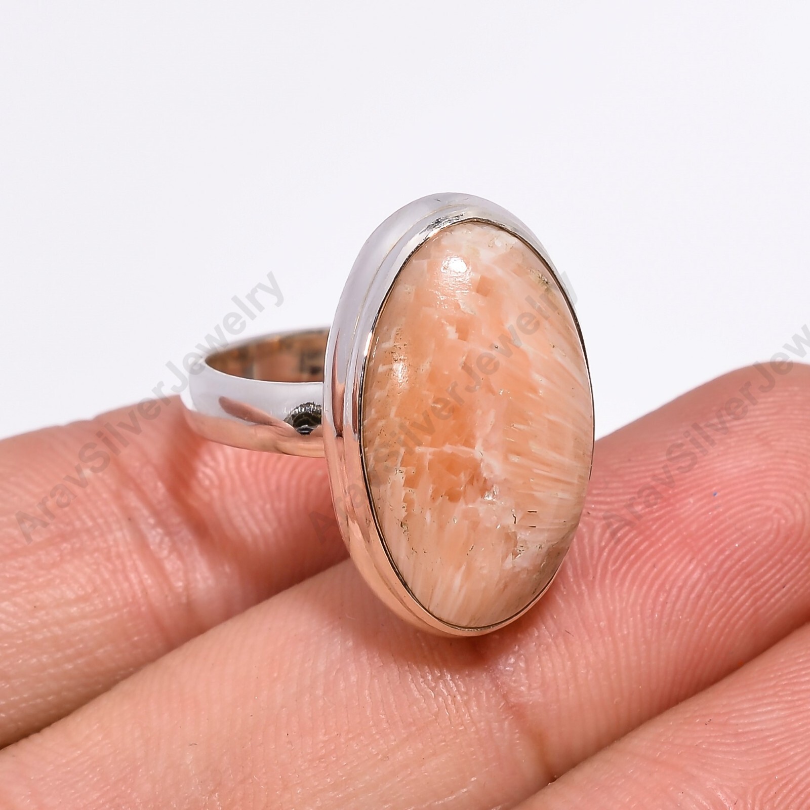 Natural Pink Scolecite Gemstone Ring 925 Sterling Silver Handmade Statement Ring
