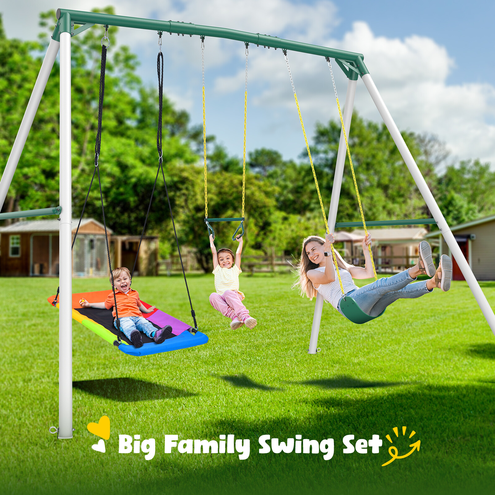 700lb 9.5ft Heavy Duty Big Metal Swing Set Kids Backyard w/3 Swings, Trapeze Bar