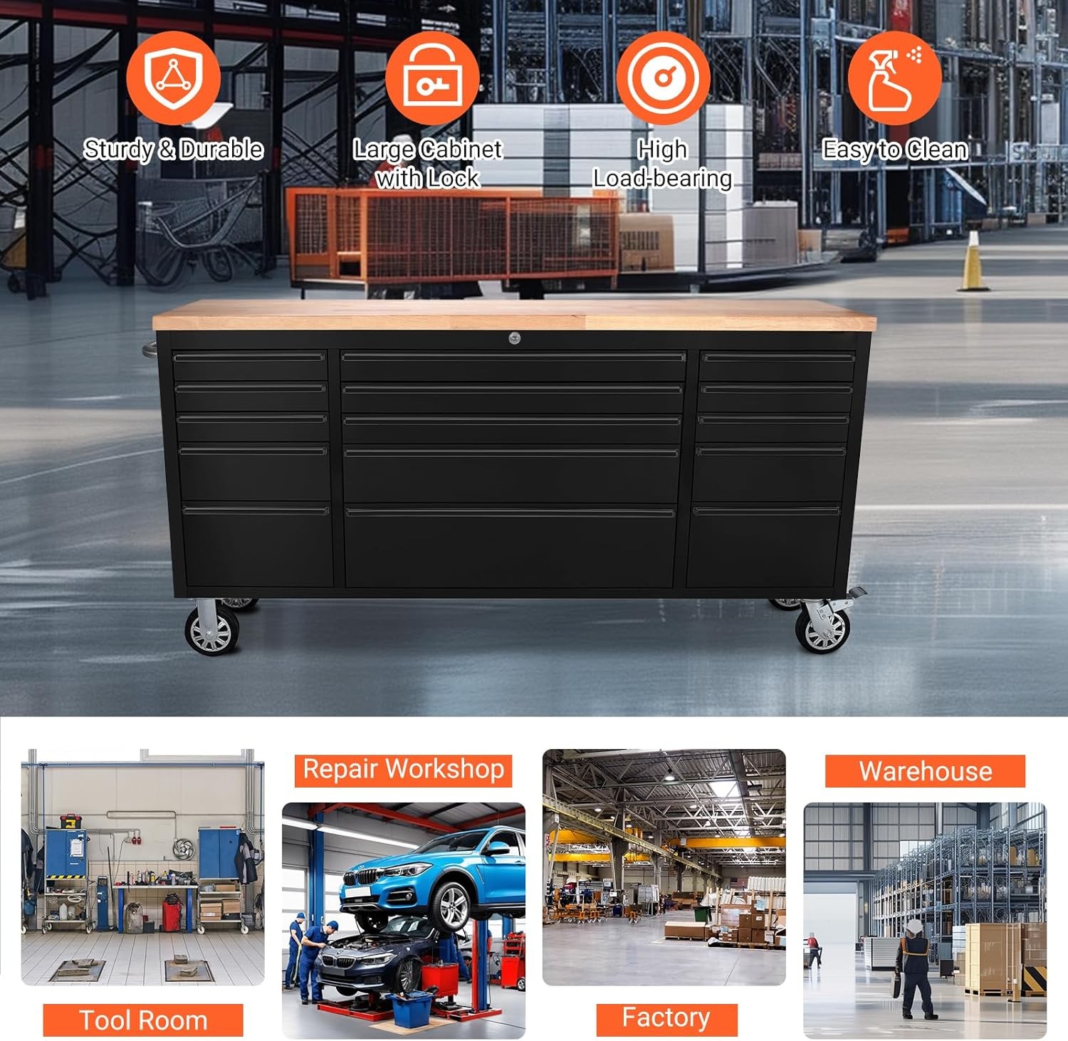 Rolling Tool Chest 72 Inch 15 Drawer Mobile Garage Workbench Solid Wood Top