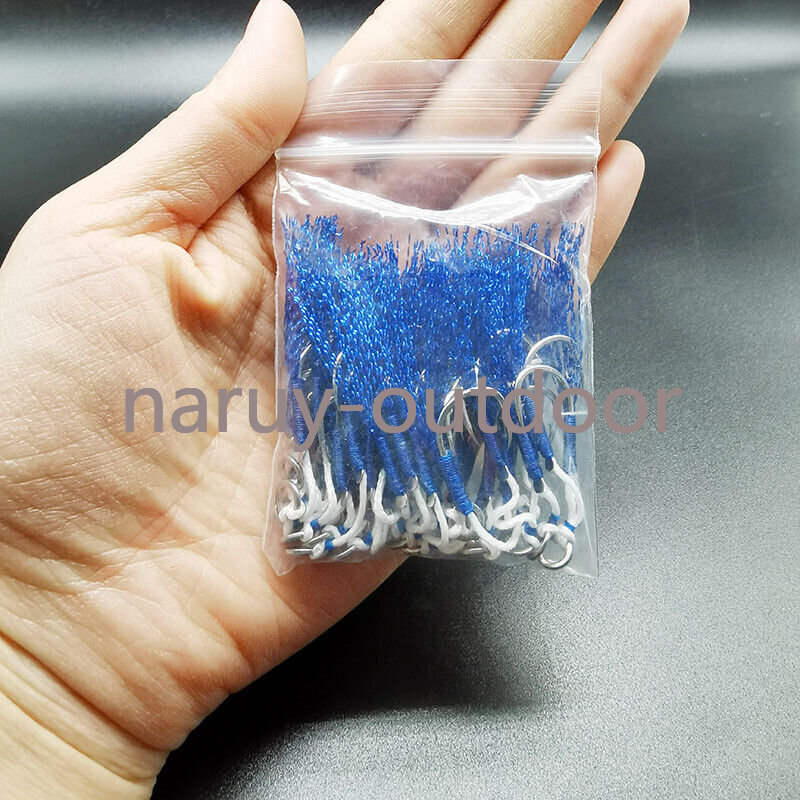 20 Pair Solid Ring Double Assist Barbed Hooks Blue Feather Fishing Slow Jig