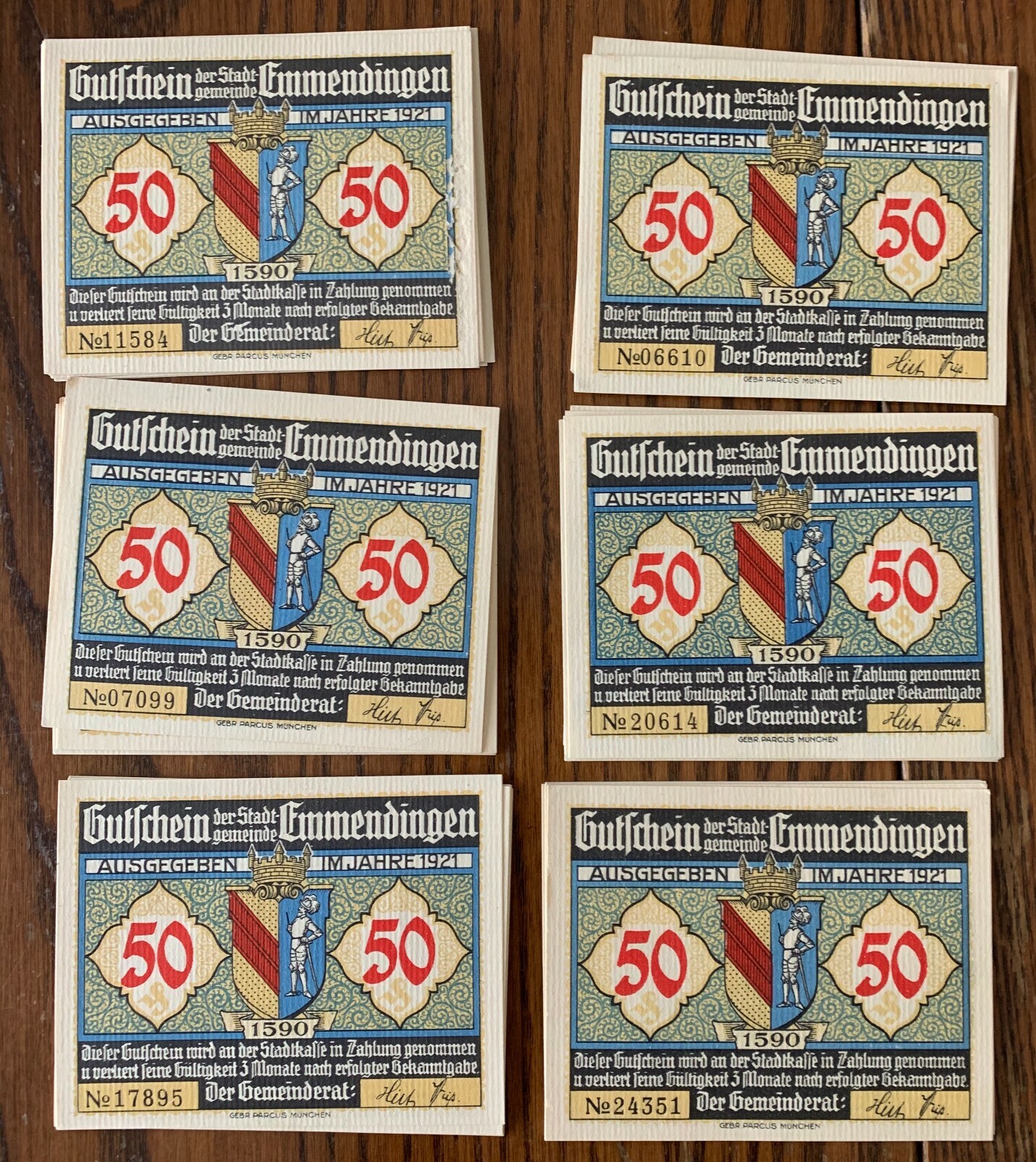 Germany, Emmendingen 6 note set 50-pf 1921 UNC
