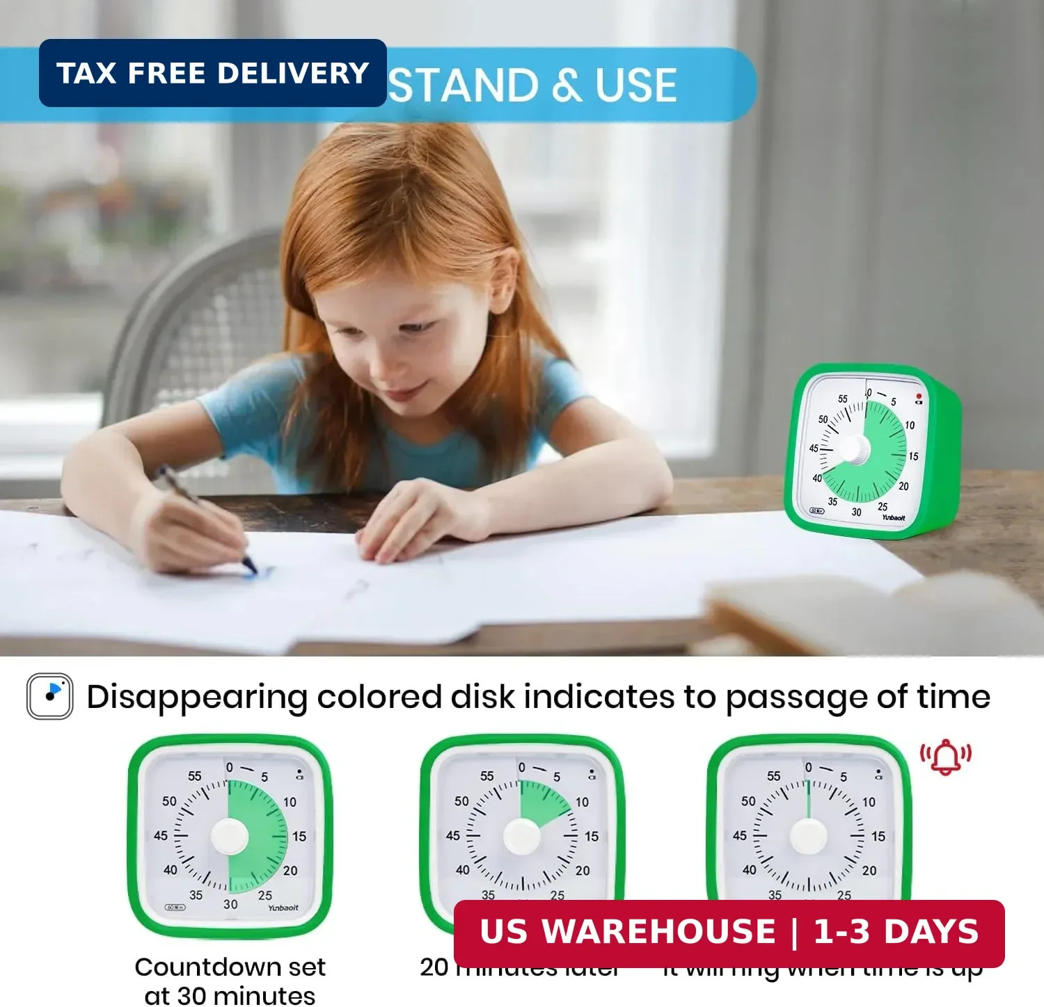 Visual Timer, Silent 60-min Countdown Timer for Kids, Green Green | Protective C