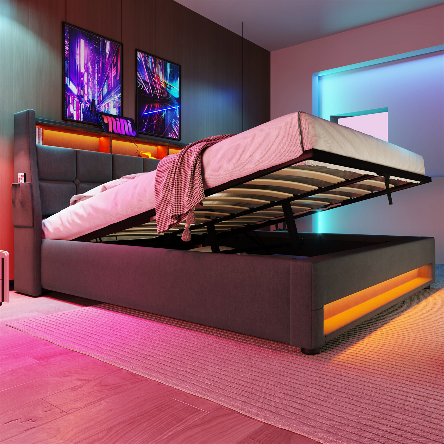 Queen Size LED Bed Frame Upholstered Platform Bed w/ Hydraulic Storage System