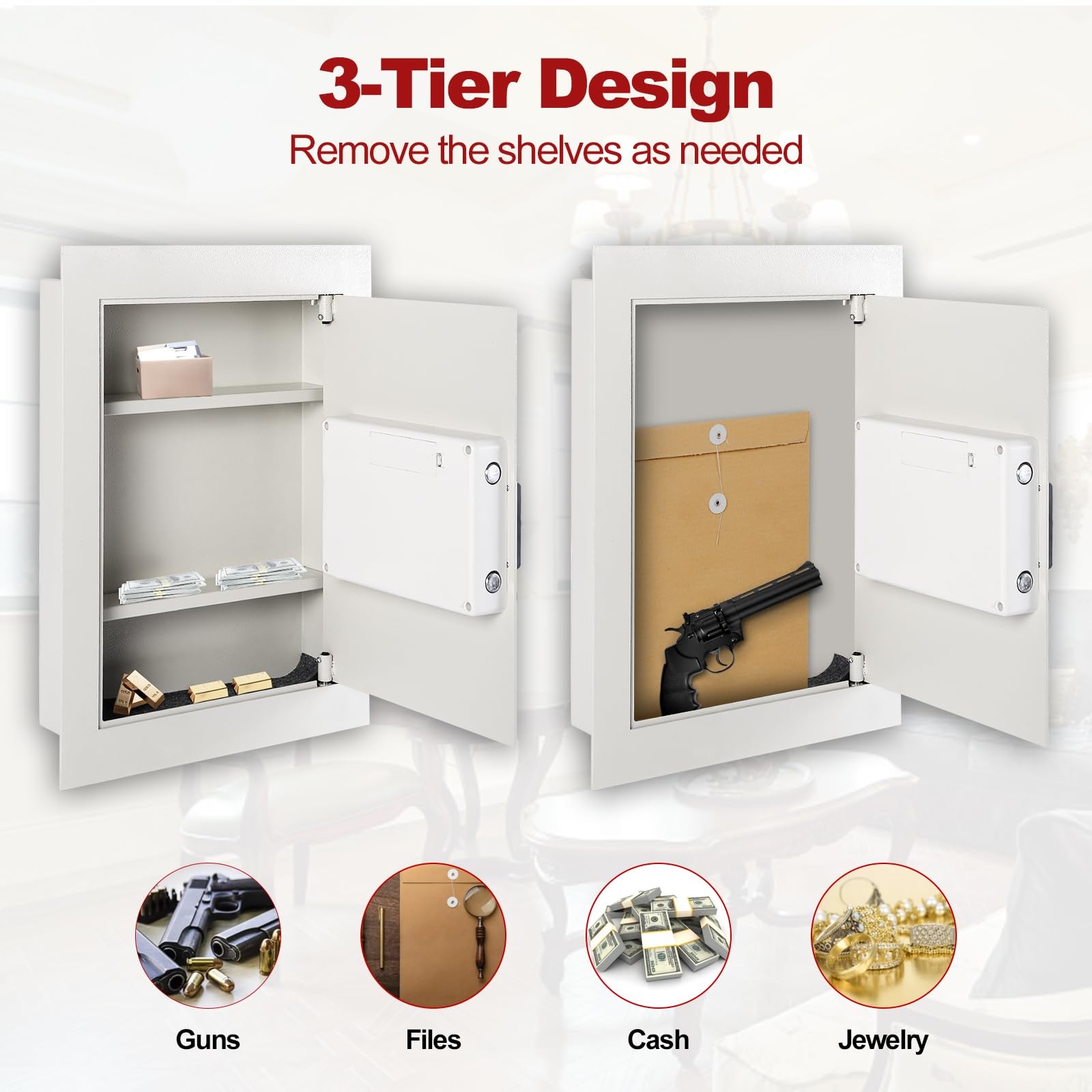 Wall Safe, Flat Recessed Hidden Wall Mount Safe Security Box w/LED Lights & D...