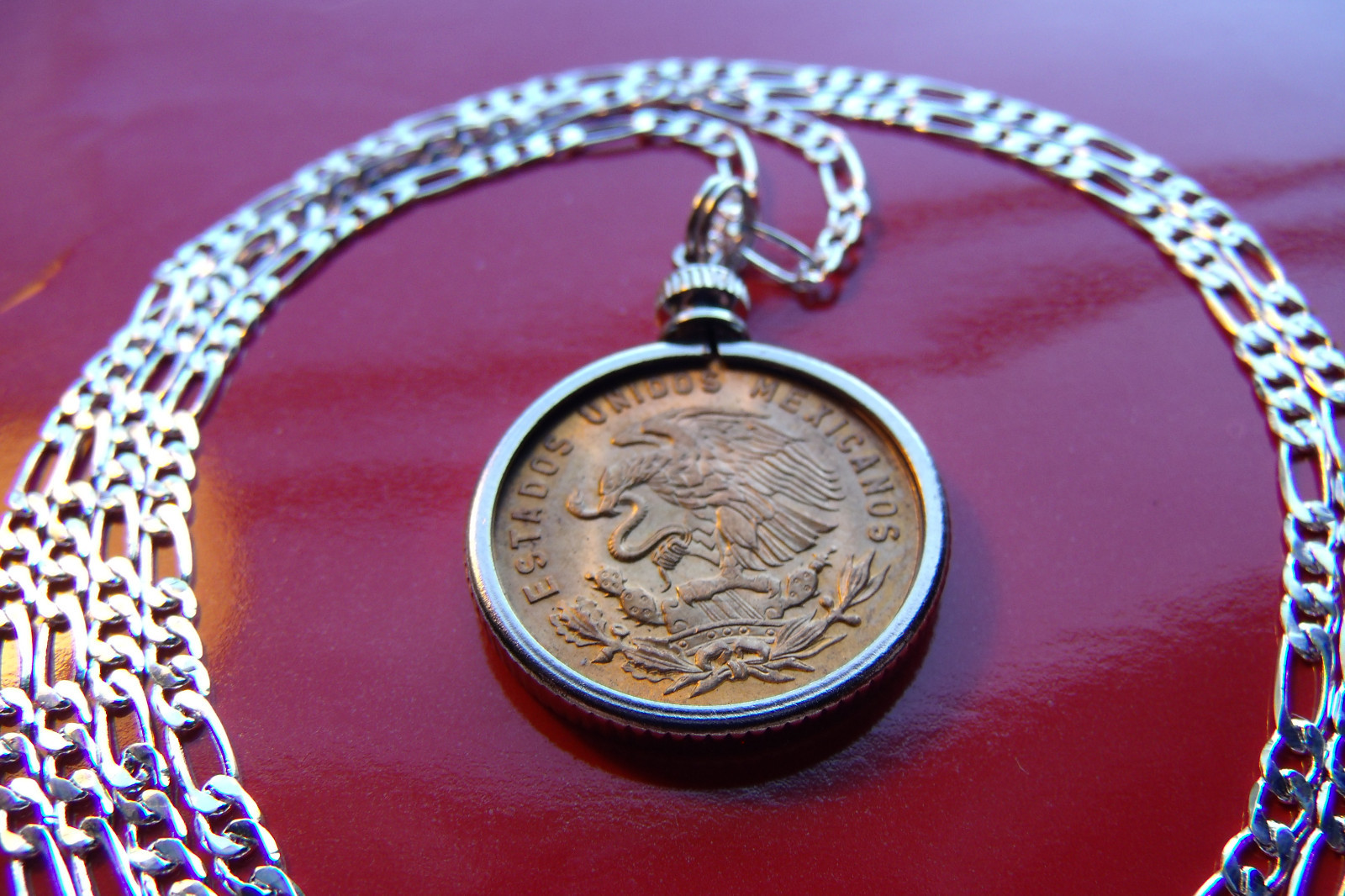 Mexican Republic Eagle Coin Pendant 24" 925 ITALIAN Sterling Silver Chain