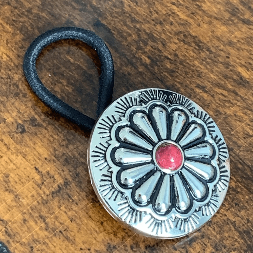Western Concho Hair Tie  Navajo Style Medallion with Red Accent Stone, Unisex