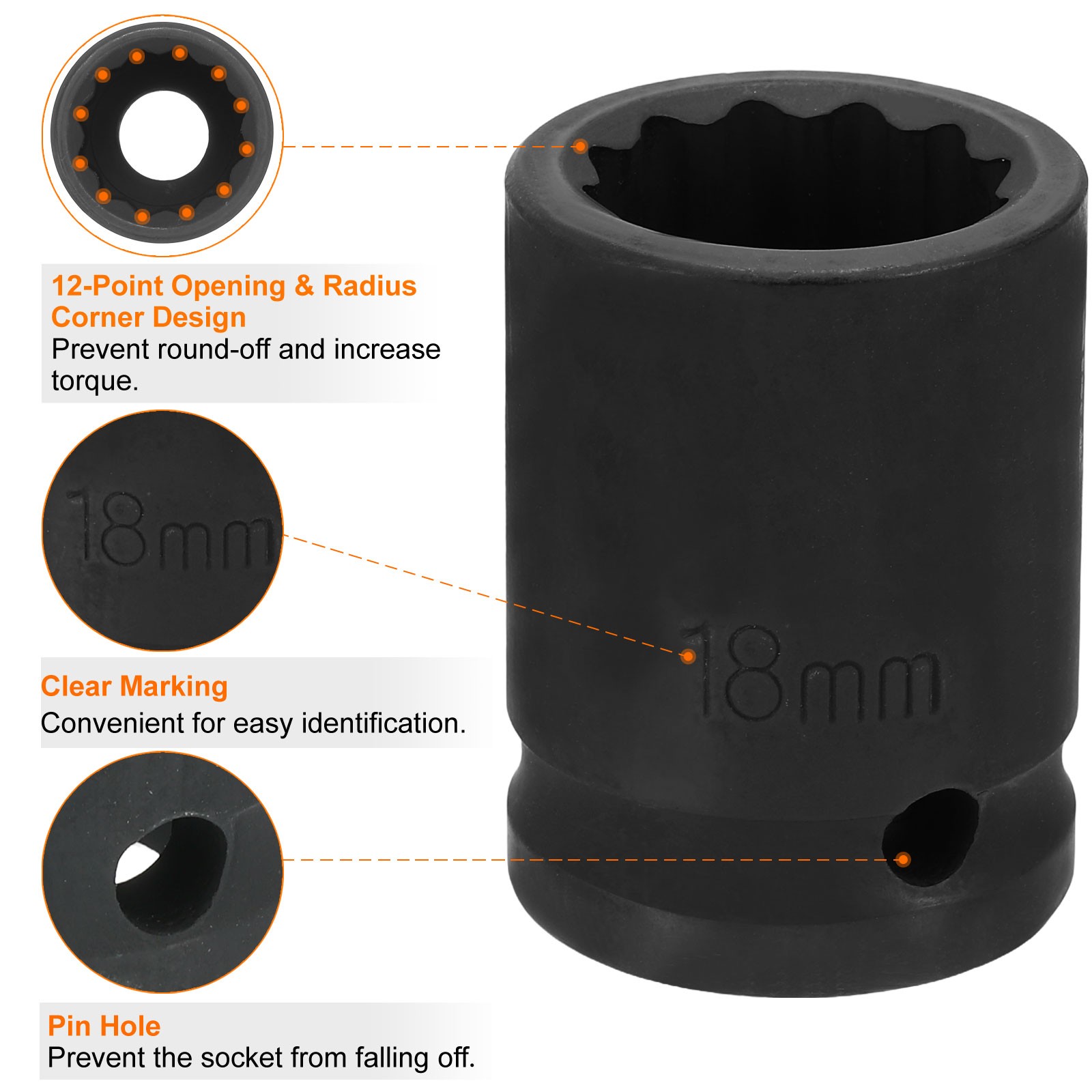 12 Point Impact Socket 1/2 Inch Drive 18mm Metric Cr-V Shallow Impact Socket