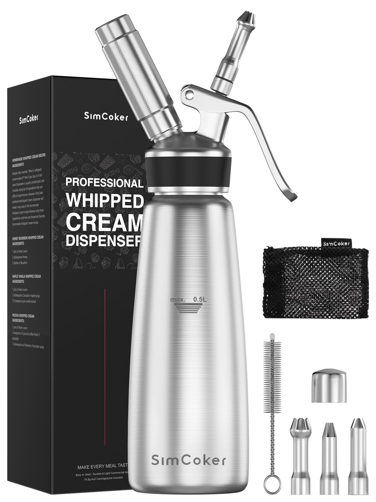 Professional Stainless Steel Whipped Cream Dispenser – 500 mL / 1 Pint, Inclu...