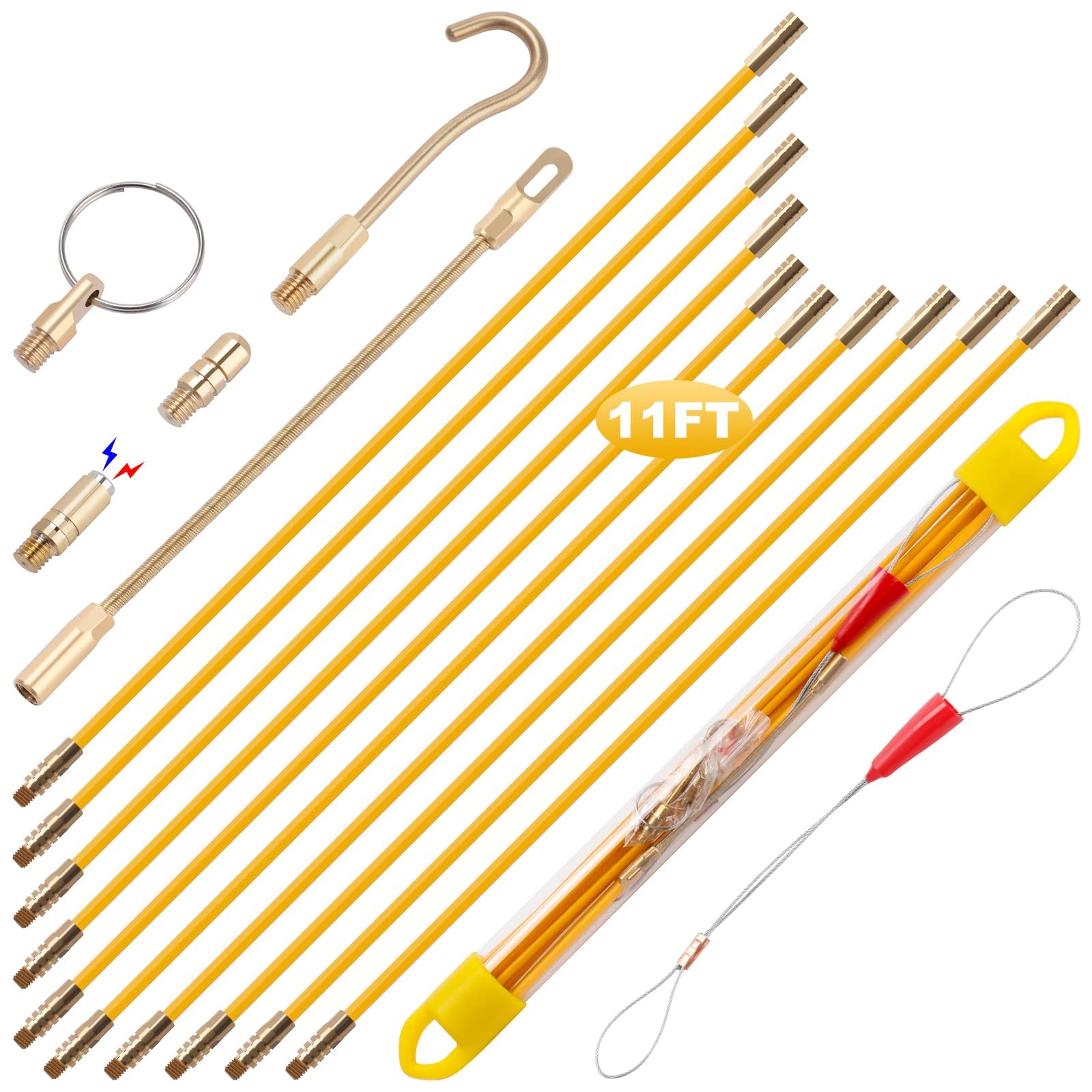 11FT Fiberglass Fish Tape Wire Cable Puller Kit with Attachments Case