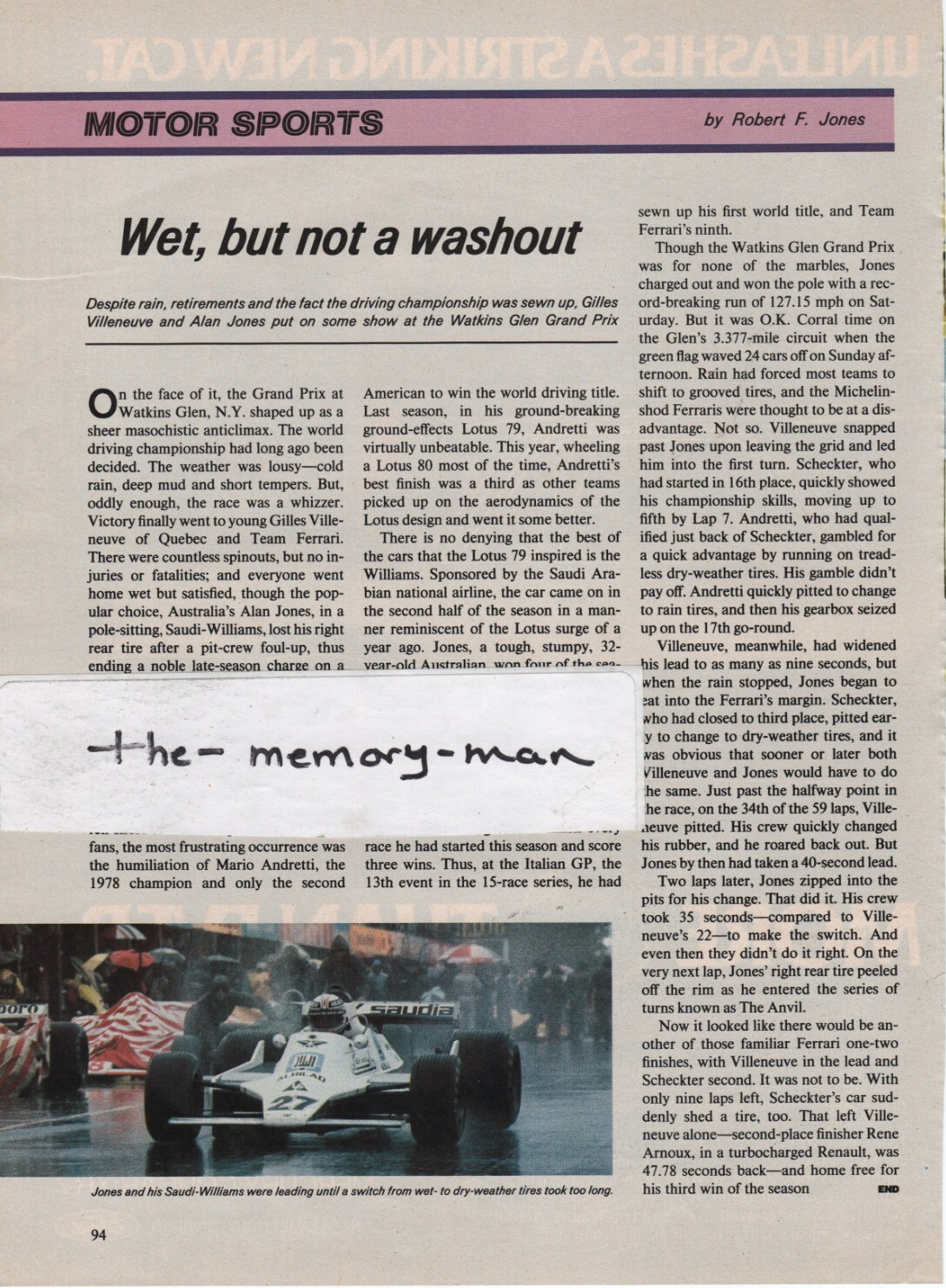 Alan Jones Watkins Glen Grand Prix 1979 Picture Article Clipping Page