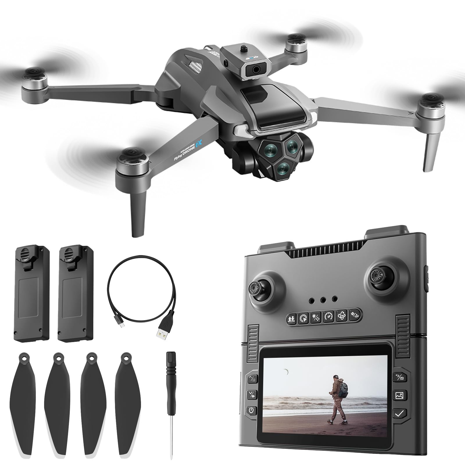 M66 Drone with New Foldable Remote Control Medium, Black - 2 batteries