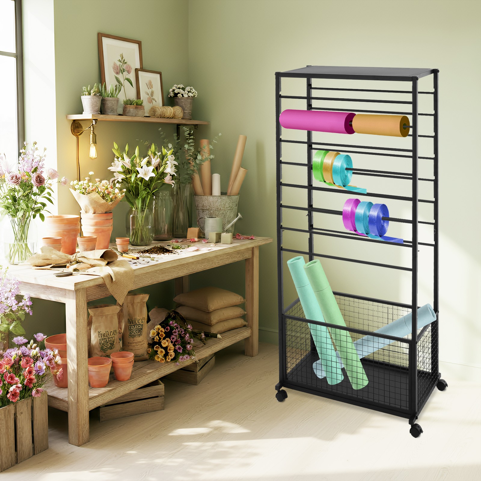 Ribbon Holder Organizer Rack w/Wheels Large Capacity Ribbon Stand Organizer